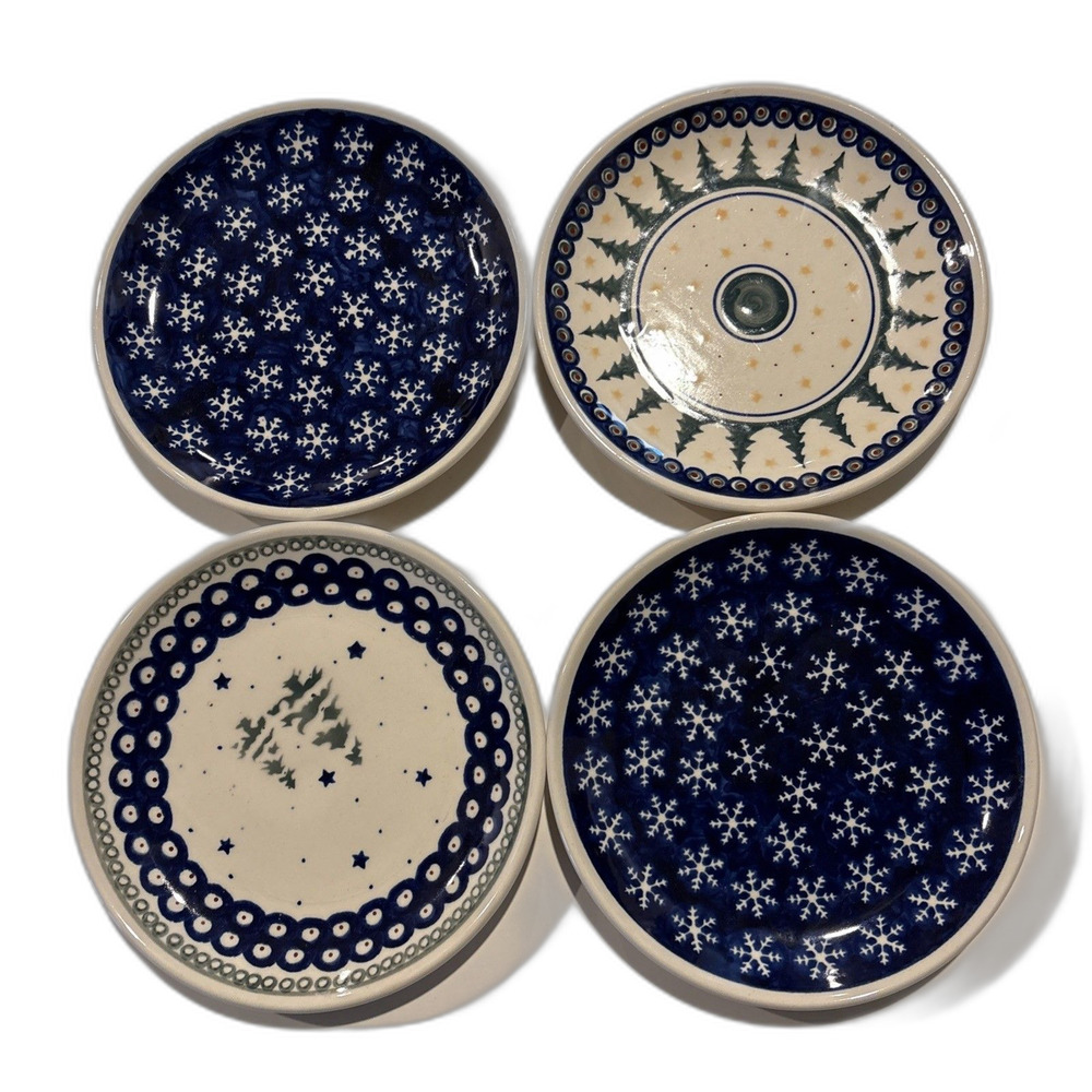 NWT Boleslawiec Polish Pottery Stars Pines Snowflakes Salad Plates 7.5” Set 4